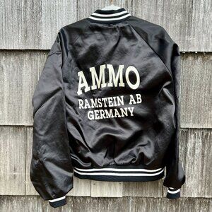 Vintage US Air Force Ramstein Germany Black Satin Bomber Jacket Military AMMO